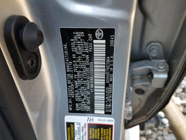 4T1BK1EB8JU285359 - 2018 TOYOTA AVALON XLE SILVER photo 10