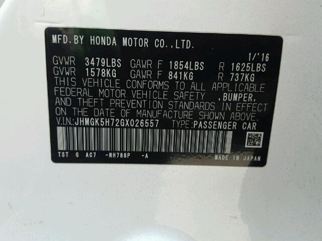 JHMGK5H72GX026557 - 2016 HONDA FIT EX WHITE photo 10