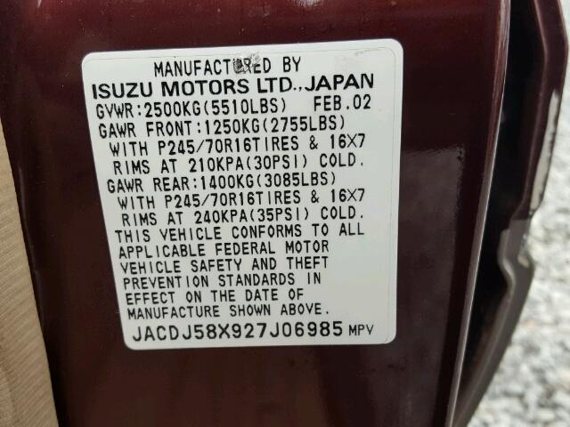 JACDJ58X927J06985 - 2002 ISUZU TROOPER S BURGUNDY photo 10