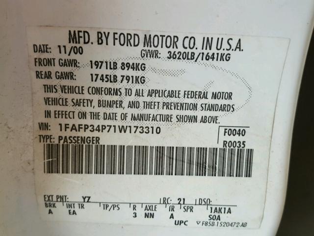 1FAFP34P71W173310 - 2001 FORD FOCUS SE WHITE photo 10