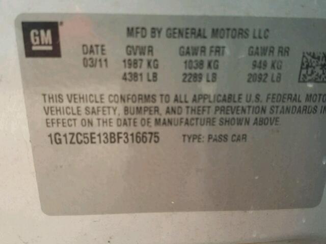 1G1ZC5E13BF316675 - 2011 CHEVROLET MALIBU 1LT ვერცხლისფერი ფოტო 10