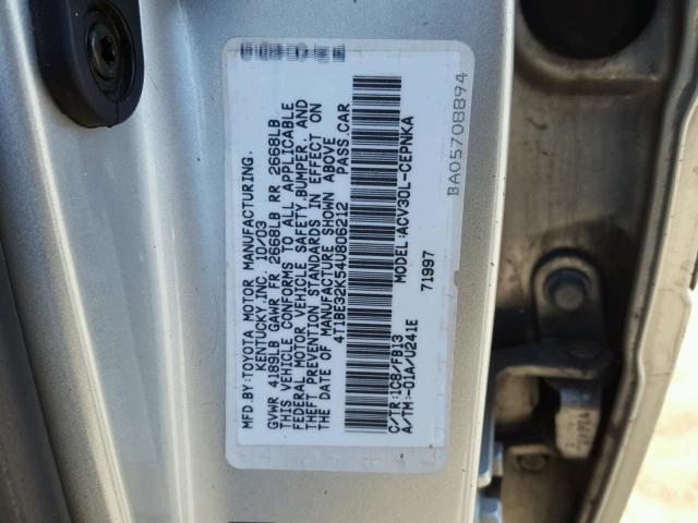 4T1BE32K54U806212 - 2004 TOYOTA CAMRY LE SILVER photo 10