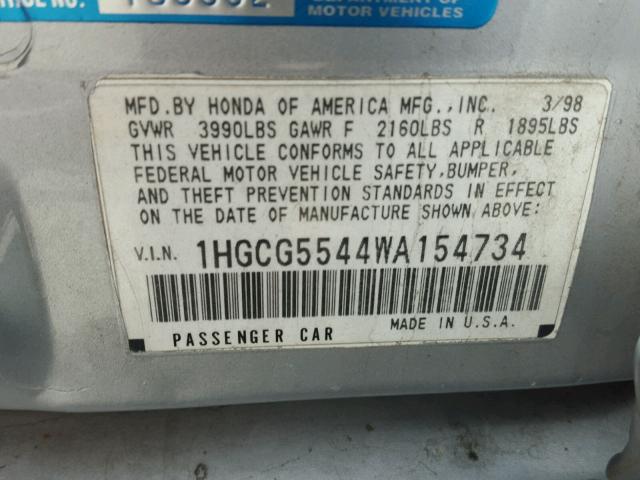 JHMCG66012C026416 - 2002 HONDA ACCORD EX SILVER photo 10