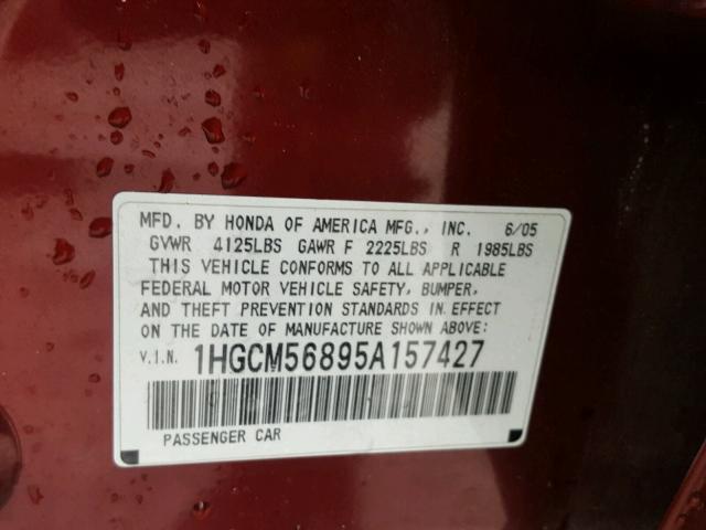 1HGCM56895A157427 - 2005 HONDA ACCORD EX BURGUNDY photo 10