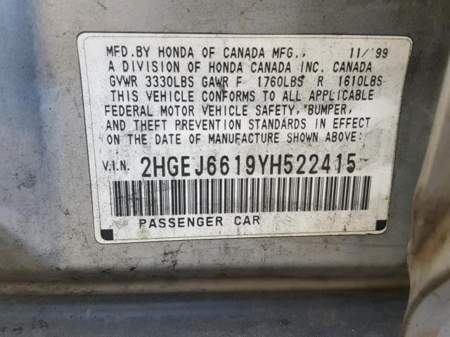 2HGEJ6619YH522415 - 2000 HONDA CIVIC BASE Gümüş foto 10