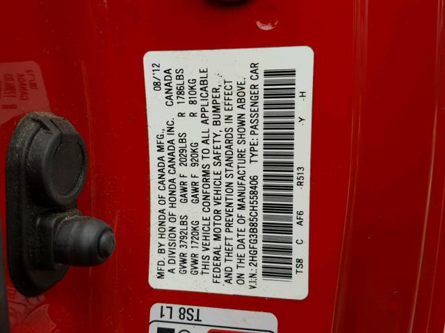 2HGFG3B85CH558406 - 2012 HONDA CIVIC EX RED photo 10