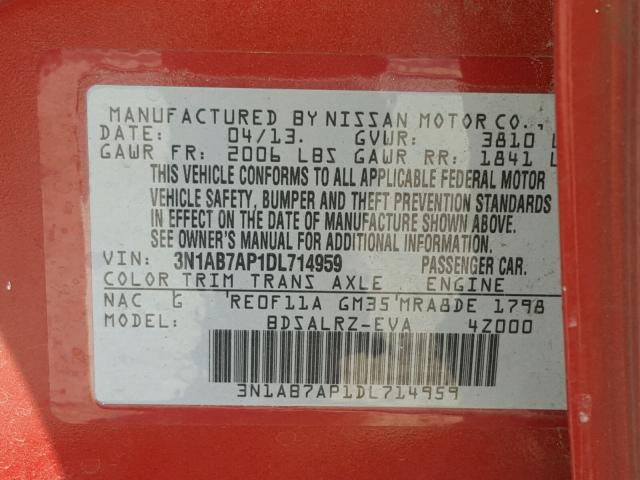 3N1AB7AP1DL714959 - 2013 NISSAN SENTRA S RED photo 10