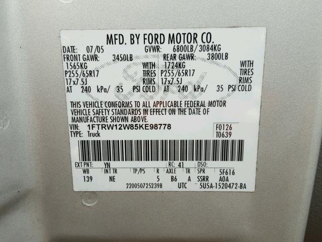 1FTRW12W85KE98778 - 2005 FORD F150 SUPER SILVER photo 10