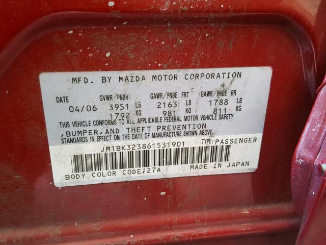 JM1BK323861531901 - 2006 MAZDA 3 S RED photo 10