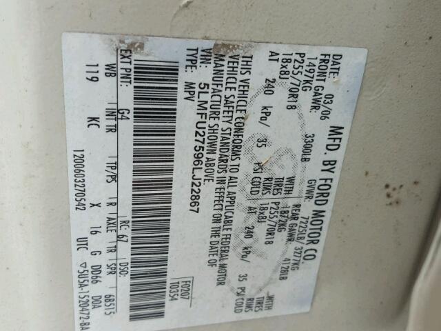 5LMFU27596LJ22867 - 2006 LINCOLN NAVIGATOR Weiß Foto 10