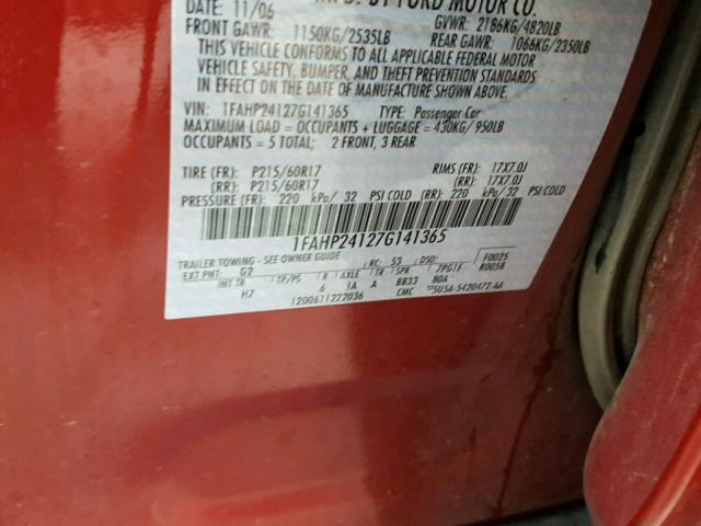 1FAHP24127G141365 - 2007 FORD FIVE HUNDR RED photo 10