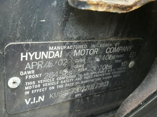 KM8SC73D22U273813 - 2002 HYUNDAI SANTA FE G BLACK photo 10