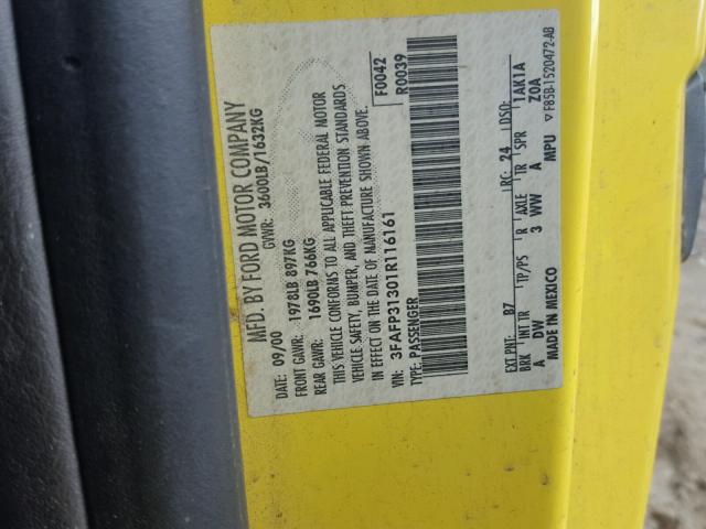 3FAFP31301R116161 - 2001 FORD FOCUS ZX3 YELLOW photo 10