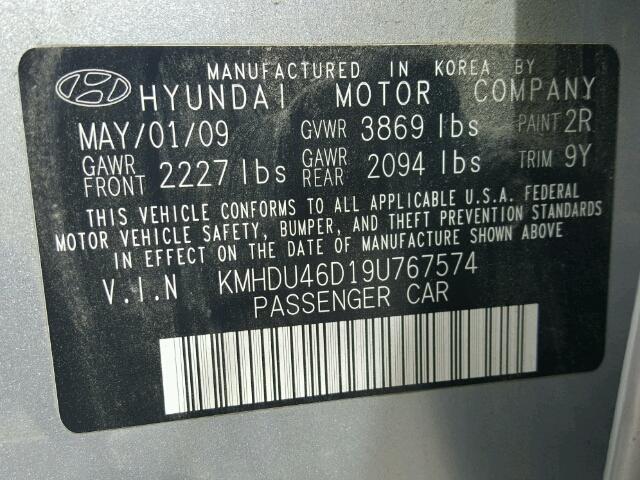 KMHDU46D19U767574 - 2009 HYUNDAI ELANTRA GL SILVER photo 10