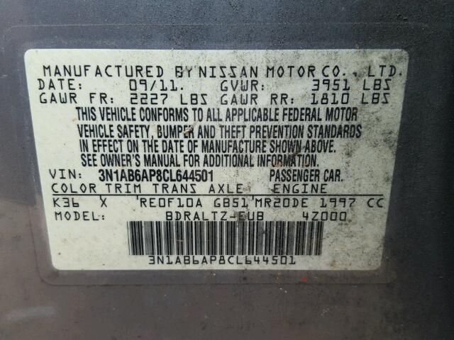 3N1AB6AP8CL644501 - 2012 NISSAN SENTRA CHARCOAL photo 10