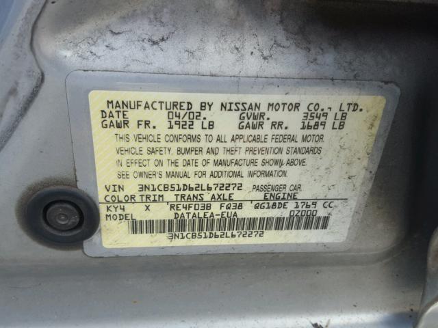 3N1CB51D62L672272 - 2002 NISSAN SENTRA XE SILVER photo 10