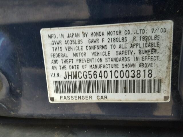 JHMCG56401C003818 - 2001 HONDA ACCORD LX BLUE photo 10