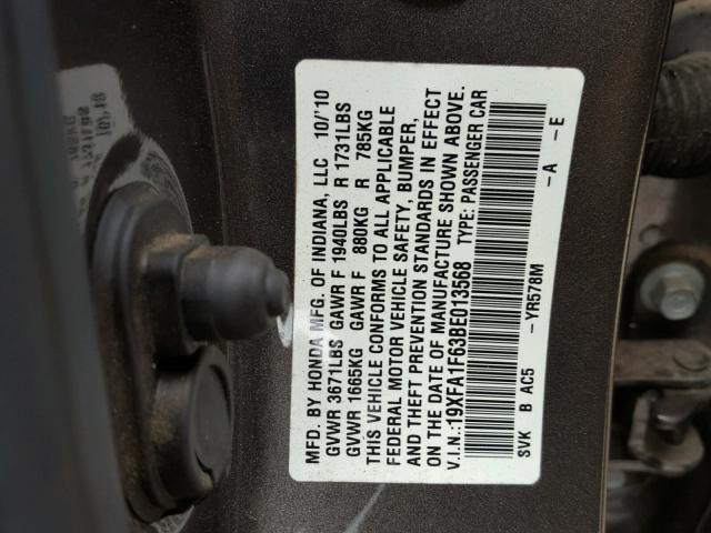 19XFA1F63BE013568 - 2011 HONDA CIVIC LX-S Qəhvəyi foto 10