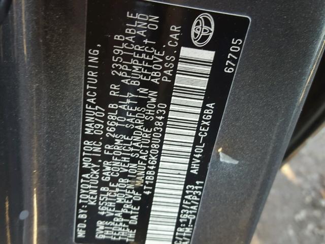 4T1BB46K08U038430 - 2008 TOYOTA CAMRY HYBR GRAY photo 10