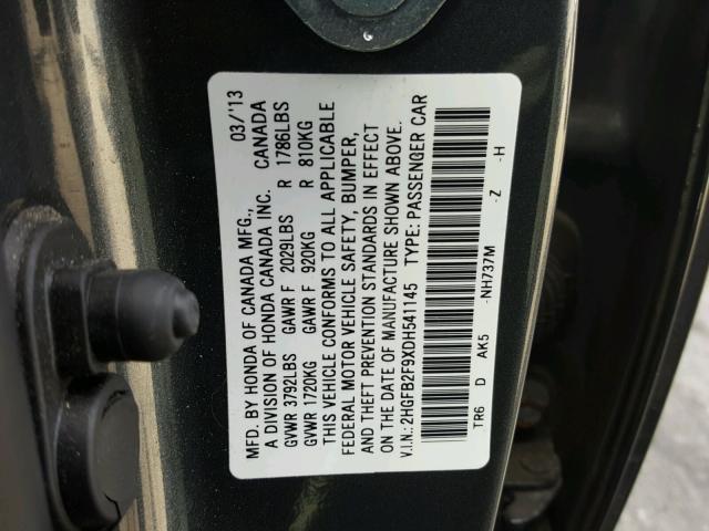 2HGFB2F9XDH541145 - 2013 HONDA CIVIC EXL GRAY photo 10