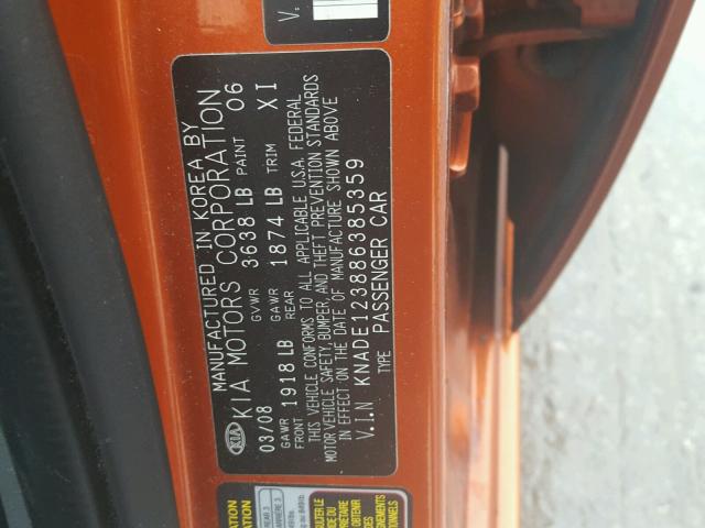 KNADE123886385359 - 2008 KIA RIO BASE ORANGE photo 10