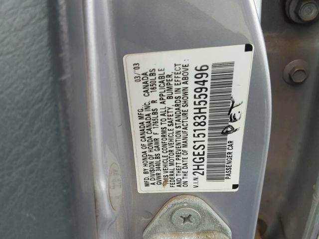 2HGES15183H559496 - 2003 HONDA CIVIC DX SILVER photo 10