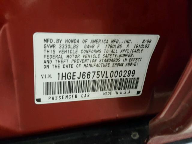 1HGEJ6675VL000299 - 1997 HONDA CIVIC LX RED photo 10