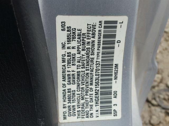 1HGEM21563L070137 - 2003 HONDA CIVIC LX SILVER photo 10