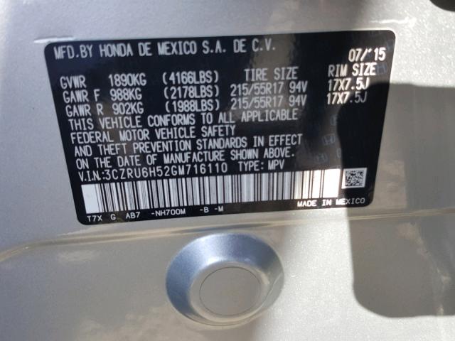 3CZRU6H52GM716110 - 2016 HONDA HR-V EX SILVER photo 10