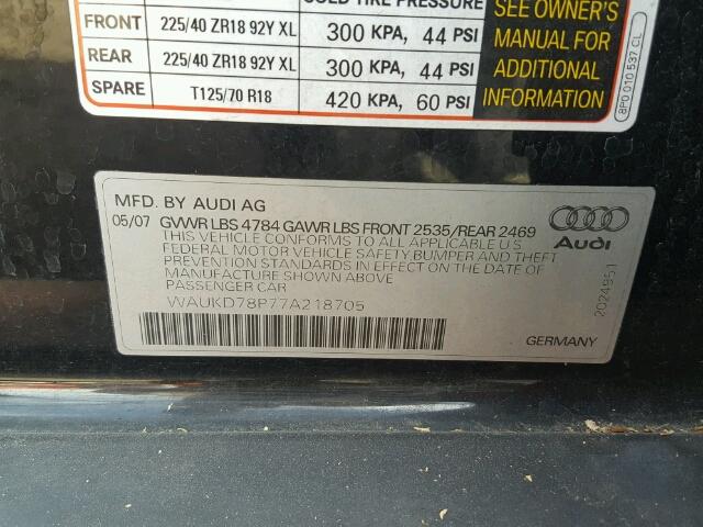 WAUKD78P77A218705 - 2007 AUDI A3 S-LINE BLACK photo 10