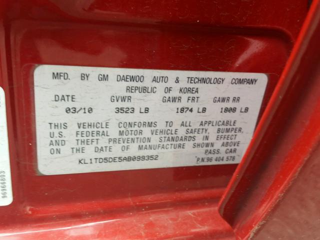 KL1TD5DE5AB099352 - 2010 CHEVROLET AVEO LS RED photo 10