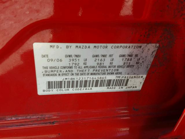 JM1BK123171643865 - 2007 MAZDA 3 S RED photo 10