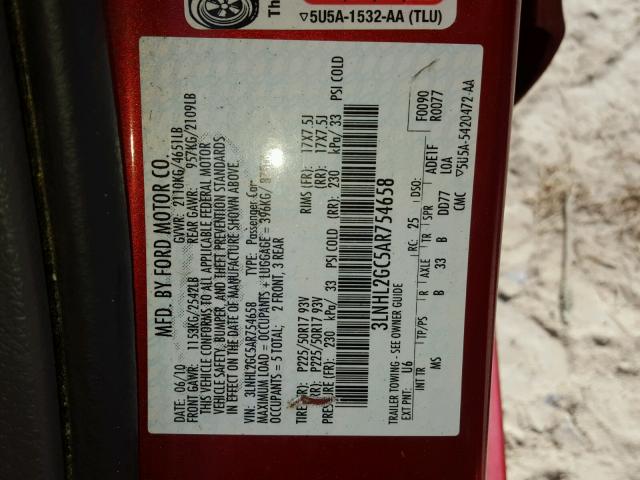 3LNHL2GC5AR754658 - 2010 LINCOLN MKZ BURGUNDY photo 10