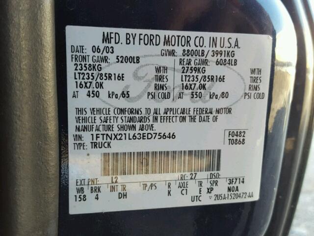 1FTNX21L63ED75646 - 2003 FORD F250 SUPER BLUE photo 10