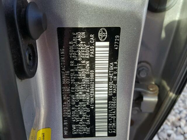 4T1BK1EB8GU219869 - 2016 TOYOTA AVALON XLE SILVER photo 10