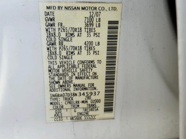 1N6BA07D38N345937 - 2008 NISSAN TITAN XE WHITE photo 10