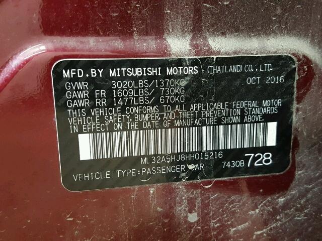 ML32A5HJ8HH015216 - 2017 MITSUBISHI MIRAGE GT MAROON photo 10