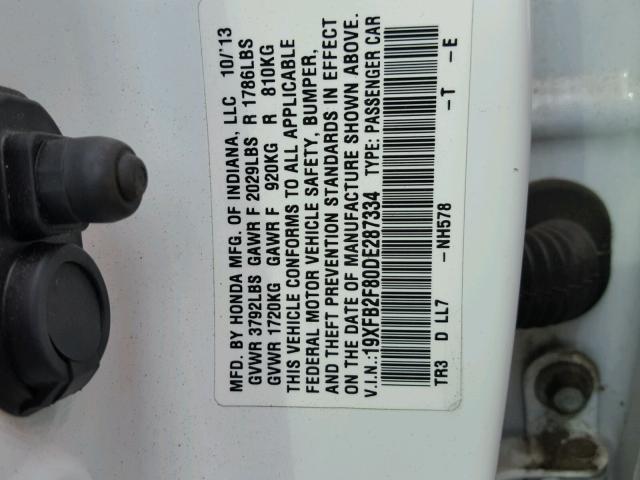 19XFB2F80DE287334 - 2013 HONDA CIVIC EX WHITE photo 10