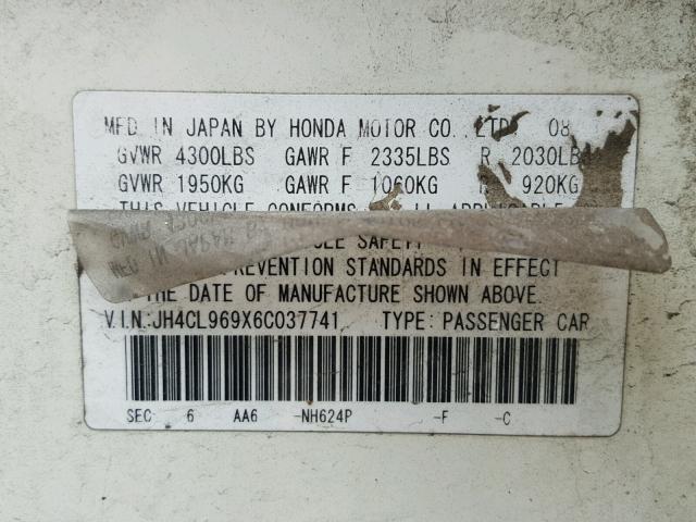 JH4CL969X6C037741 - 2006 ACURA TSX WHITE photo 10