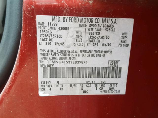 1FMNU41S3YEB39874 - 2000 FORD EXCURSION RED photo 10
