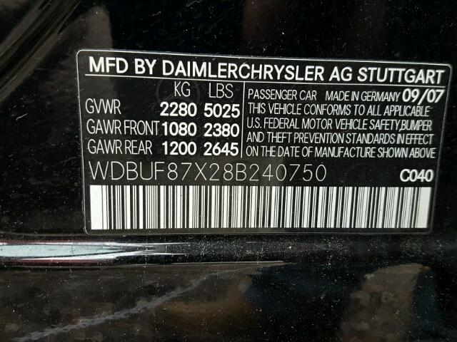 WDBUF87X28B240750 - 2008 MERCEDES-BENZ E BLACK photo 10