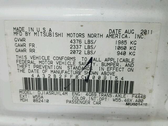 4A32B2FF6CE009154 - 2012 MITSUBISHI GALANT FE WHITE photo 10