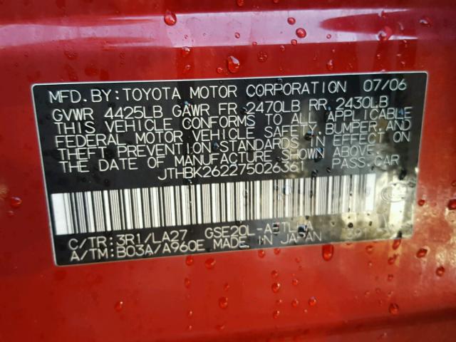 JTHBK262275026361 - 2007 LEXUS IS 250 RED photo 10