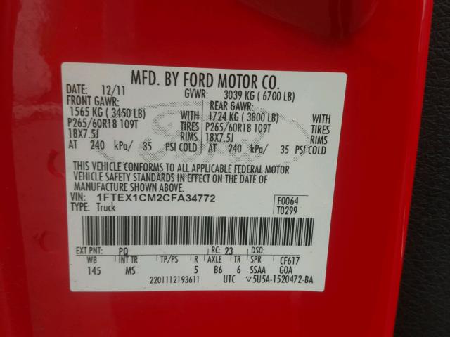 1FTEX1CM2CFA34772 - 2012 FORD F150 SUPER RED photo 10