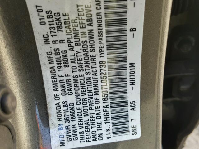 1HGFA16507L052738 - 2007 HONDA CIVIC LX GRAY photo 10