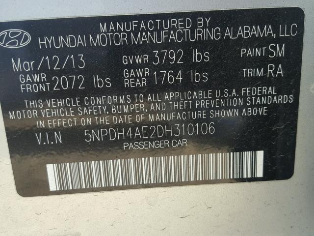 5NPDH4AE2DH310106 - 2013 HYUNDAI ELANTRA GL SILVER photo 10