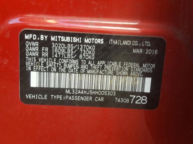 ML32A4HJ5HH005303 - 2017 MITSUBISHI MIRAGE SE RED photo 10