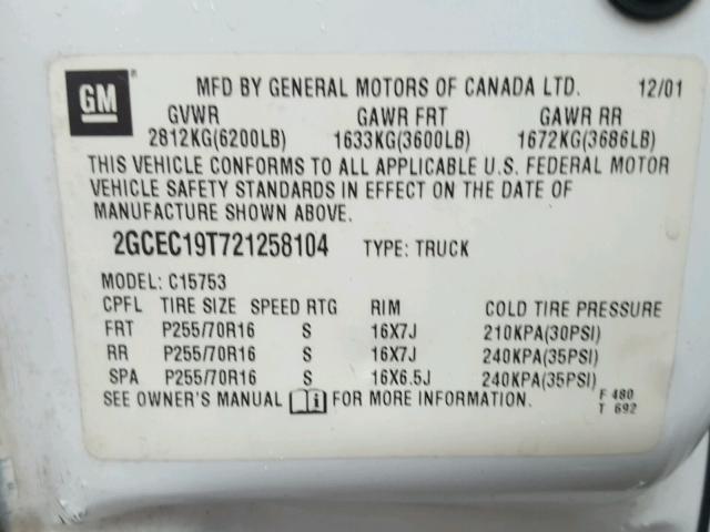 2GCEC19T721258104 - 2002 CHEVROLET SILVERADO SILVER photo 10