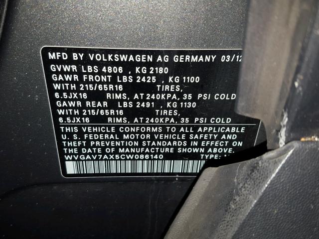 WVGAV7AX5CW086140 - 2012 VOLKSWAGEN TIGUAN S GRAY photo 10