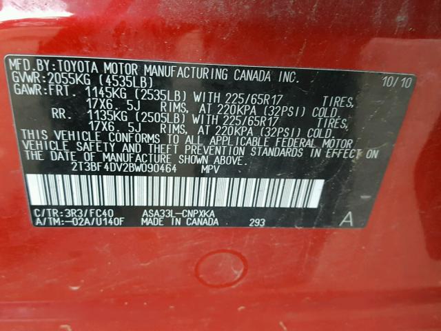 2T3BF4DV2BW090464 - 2011 TOYOTA RAV4 RED photo 10